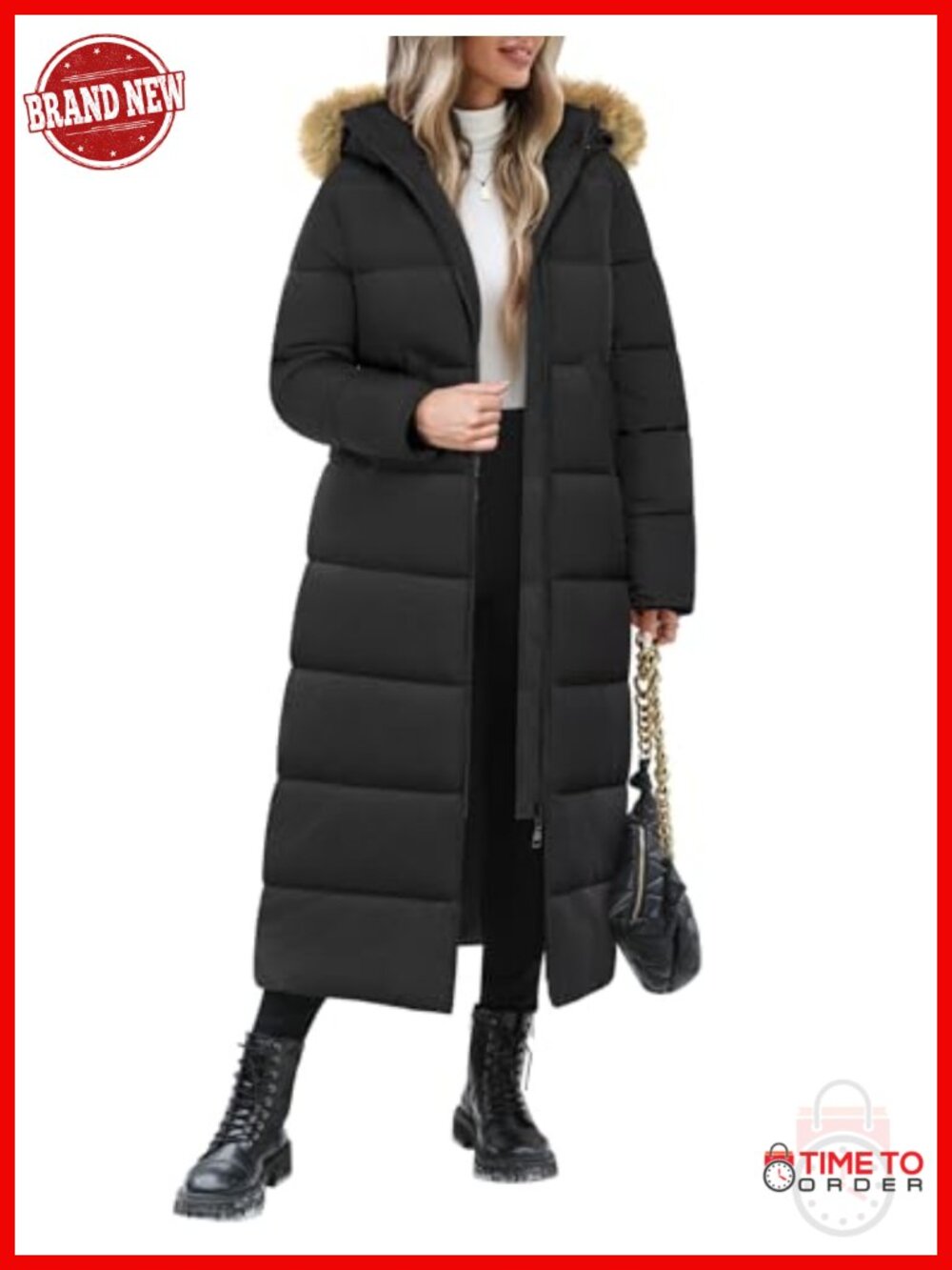 Women Long Maxi Puffer Coat Winter Hooded Quilted Jacket Warm Faux Fur Two-Way